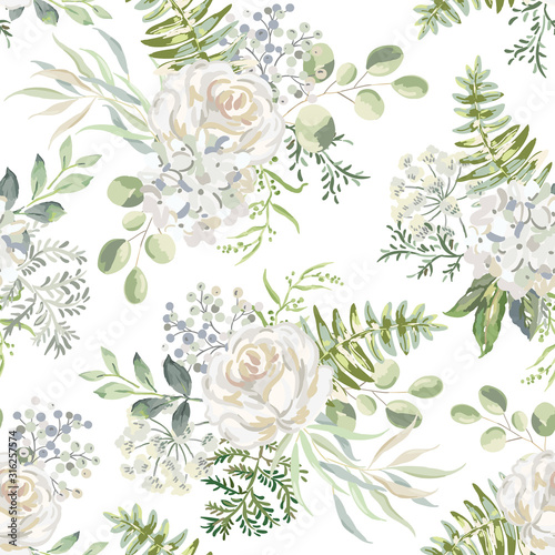 White rose, hydrangea flowers with green leaves bouquets background. Floral illustration. Vector seamless pattern. Botanical design. Nature summer plants. Romantic wedding