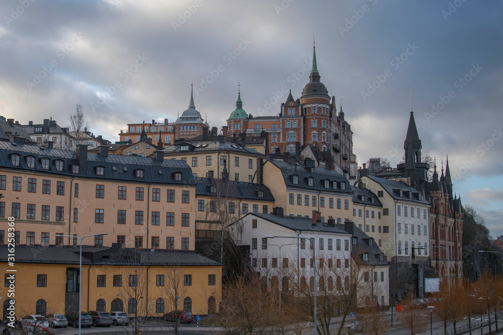 Old town houses in the district Södermalm in Stockholm a grey winter day