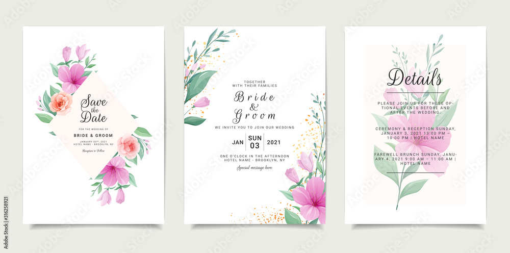 Beautiful wedding invitation card template design with elegant hibiscus flowers and leaves. Floral illustration decoration for save the date, event, cover, poster
