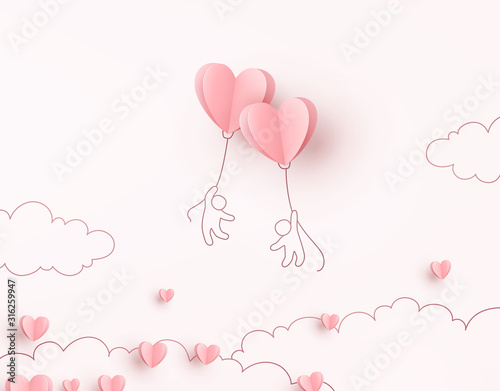 Hearts balloons with people flying on pink background. Vector love postcard for Happy Mother's, Valentine's Day or birthday greeting card design..