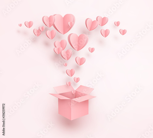 Hearts with gift box postcard. Paper flying elements on pink background. Vector symbols of love for Happy Mother's, Valentine's Day, birthday greeting card design..