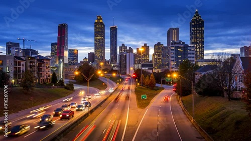 Atlanta, Georgia Downtown City Skyline and Freeway Traffic at Rush Hour, Night, Timelapse