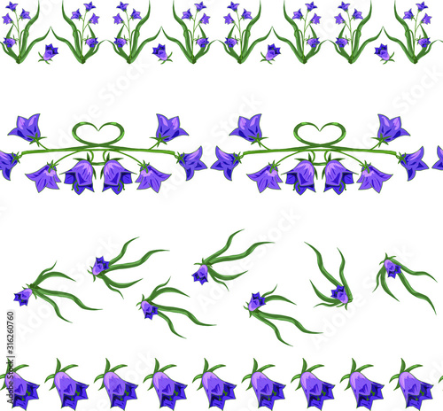 Set of seamless brushes with spring wildflowers. Bushes blue bells with foliage. Horizontal curb. Template for fabric packaging. florish elements.