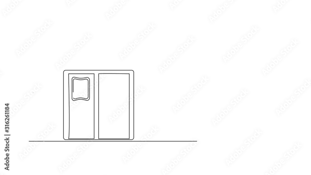 Self drawing sketch animation of entrance door in house brick wall. Copy space. Concept of real estate, home, new, beginnings, start, urban life. White background. Self drawing sketch animation of entrance door in house brick wall. Copy space. Concept of real estate, home, new, beginnings, start, urban life. White background.