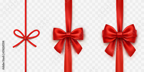 Bows isolated on transparent background. Vector Christmas satin vertical ribbons, string or rope with shadow set. Red xmas wrap element template...
