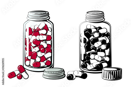 Pill bottle vector illustration. Two glass containers filled with capsule shaped tablets in black and white, and in color.