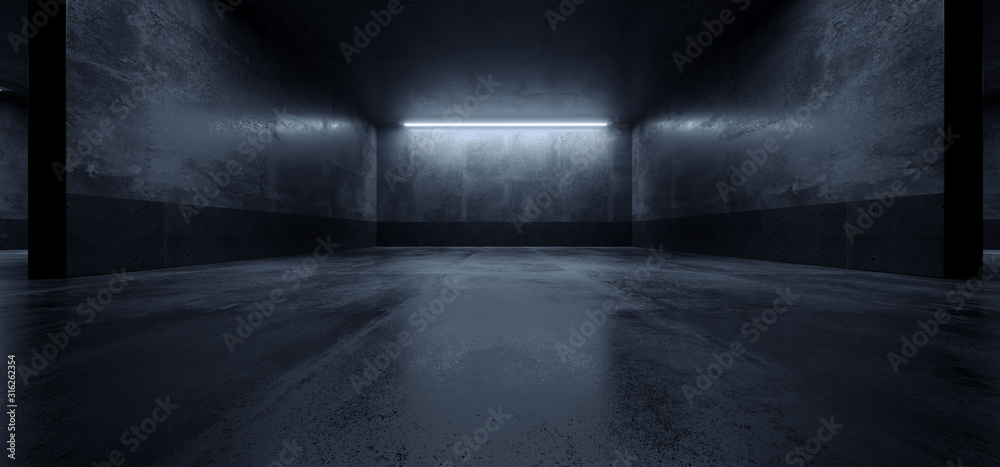 Fototapeta premium Cement Ciemny Grunge Parking Podziemny Magazyn Samochodów Garaż Studio Szorstki Nowoczesny Odblaskowy Statek Kosmiczny Tunel Korytarz Prezentacja Renderowanie 3D