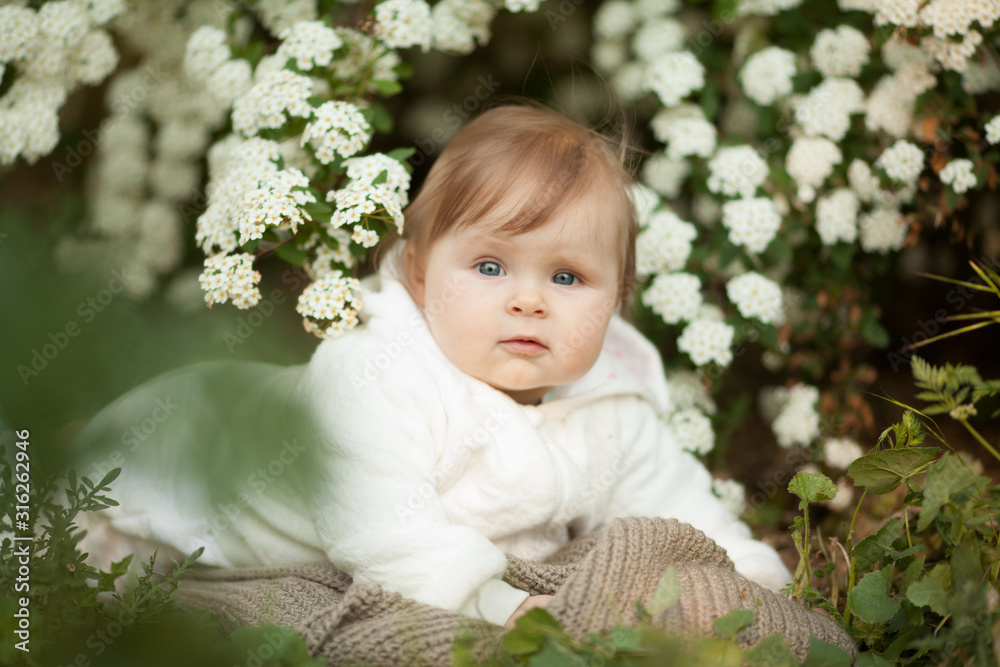 Beautiful little baby girl in spring in a blooming garden, looking at the camera. Beautiful portrait. Concept: spring, family. The care for the baby. Beautiful little baby girl in spring in a blooming garden, looking at the camera. Beautiful portrait. Concept: spring, family. The care for the baby.