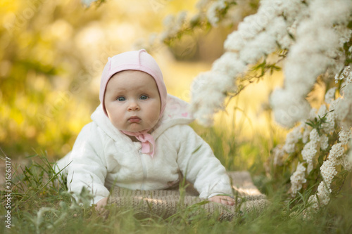 Beautiful little baby girl in spring in a blooming garden, looking at the camera. In the beautiful sunlight. Concept: spring, family. The care for the baby.