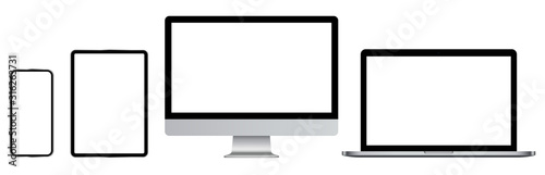 Computer, laptop, tablet, smartphone. Devices set. Vector