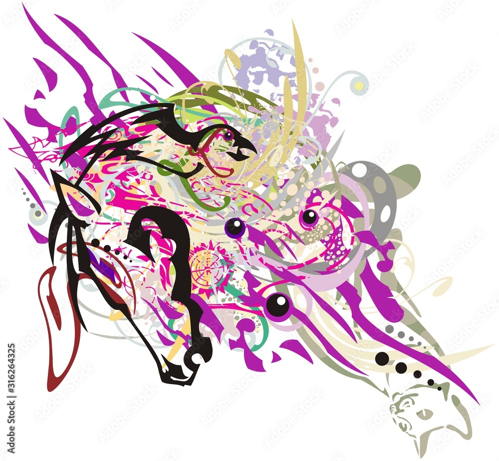 Floral horse head colorful splashes. Abstract horse head with decorative elements in purple tones on white background