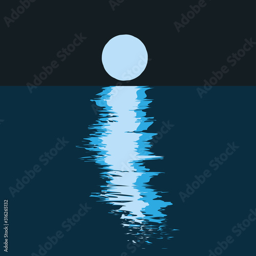 Full moon and moonlight on water waves in dark night, simple modern flat illustration. Blue full moon and light on waves, marine horizon. Modern Hand drawn vector illustration. Tranquil
