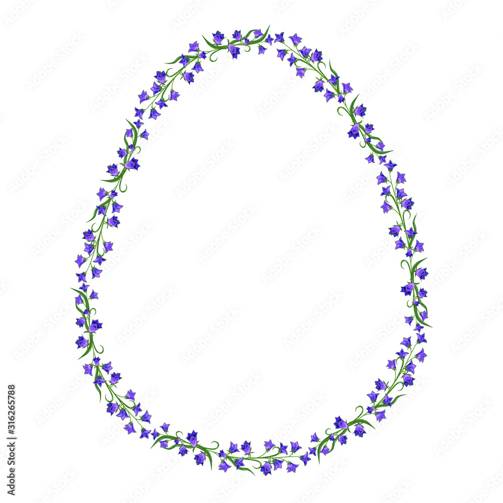 Wreath of wild field bells. Frame in the form of an egg with a beautiful pattern of flowers bluebells. Easter spring pattern. Template for postcard.
