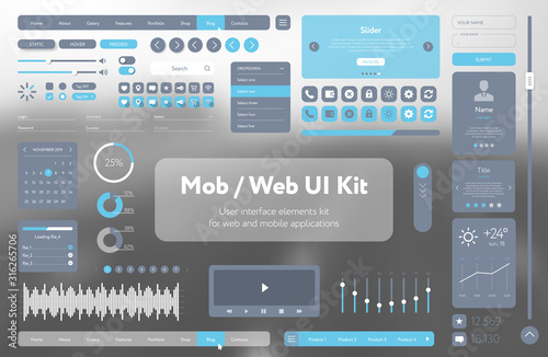 Flat Mobile Web UI Kit. Universal user interface for designing responsive websites, mobile apps. Gradient background. Different UX, GUI screens with buttons, slider, menu template. Modern space style.
