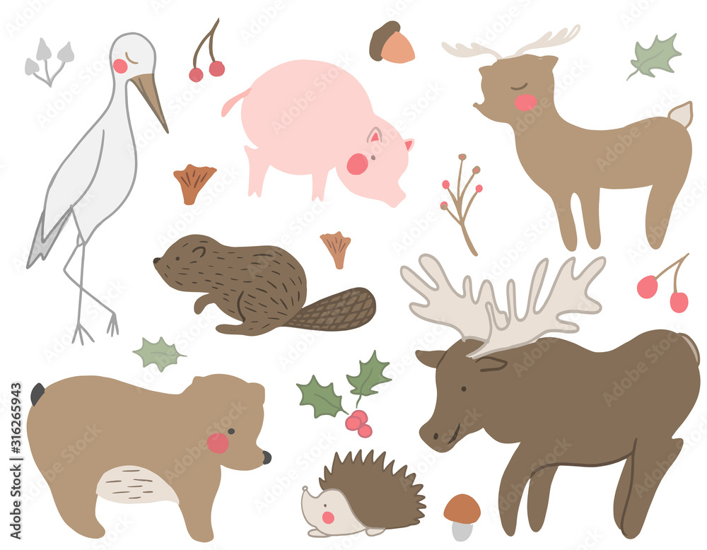 A set of hand drawn cute woodland animals. Deer, stark, pig, hedgehog, bird, mushroom, acorn, bear. Vector collection perfect for childish decoration clothes, patterns, stickers, cards A set of hand drawn cute woodland animals. Deer, stark, pig, hedgehog, bird, mushroom, acorn, bear. Vector collection perfect for childish decoration clothes, patterns, stickers, cards