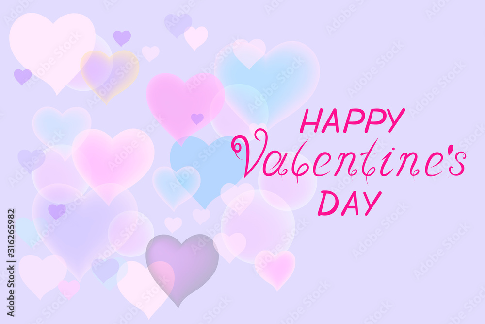 happy valentines day background with word text and pink blue hearts on a blue background.