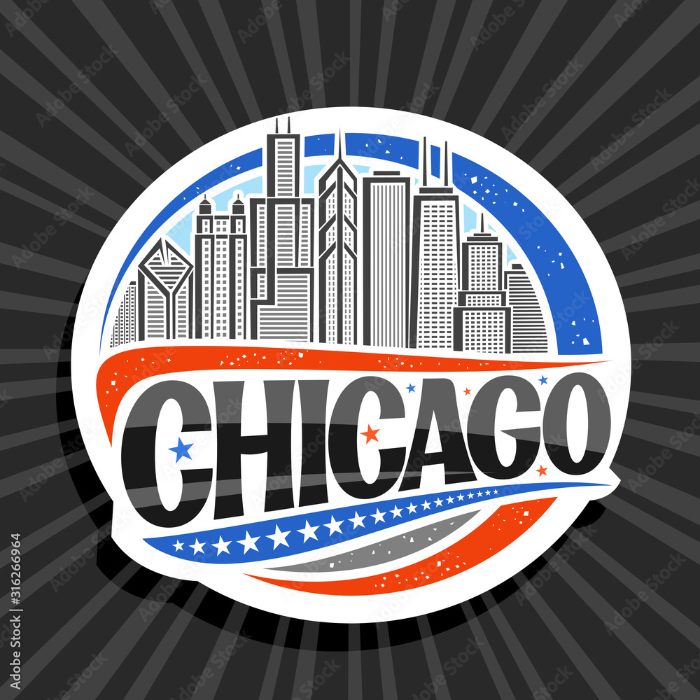 Vector logo for Chicago, white decorative round badge with draw ...
