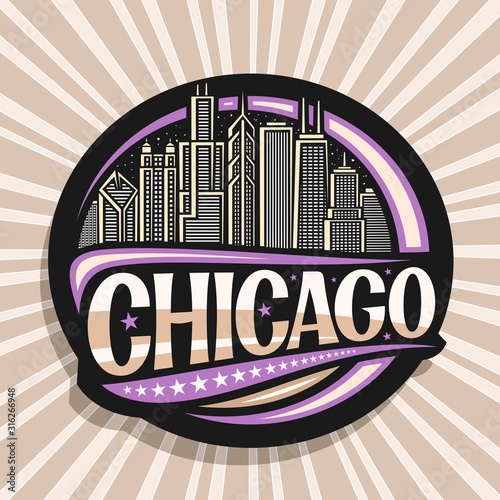 Vector logo for Chicago, dark decorative round badge with draw illustration of modern twilight chicago cityscape, tourist fridge magnet with original brush typeface for word chicago and stars in a row