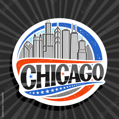 Vector logo for Chicago, white decorative round badge with draw illustration of modern chicago cityscape, tourist fridge magnet with original brush typeface for black word chicago and stars in a row.