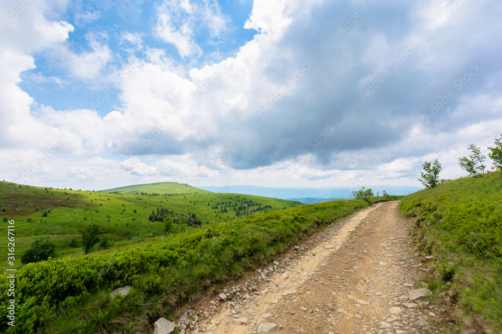 mountain dirt road scenery. path through the grassy meadows on rolling hills. ridge in the distance. green carpathian landscape. cloudy summer weather. dramatic sky