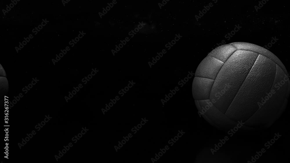 3d design of retro volleyball balls on the dark background. Looped animation of rolling old style volley balls from leather on the universe and stars background. 3d design of retro volleyball balls on the dark background. Looped animation of rolling old style volley balls from leather on the universe and stars background.