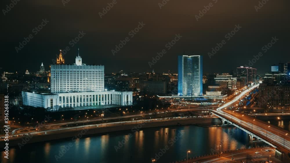 Gimbal timelapse of House of the Government of the Russian Federation in Moscow in night autumn day. Night timelapse of night top shot of House of the Government Gimbal timelapse of House of the Government of the Russian Federation in Moscow in night autumn day. Night timelapse of night top shot of House of the Government