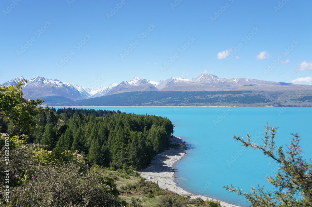New Zealand Turquoise Color Lake and Snow Mountains