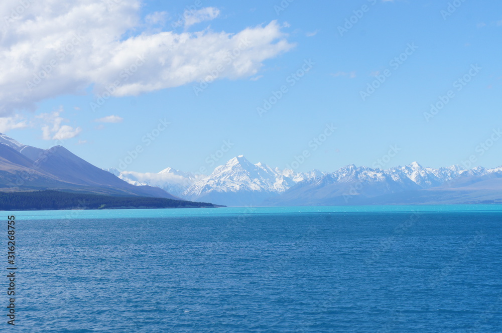 New Zealand Turquoise Color Lake and Snow Mountains