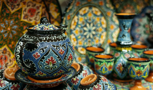 Canvastavla Ethnic Uzbek ceramic tableware with traditional uzbekistan ornament