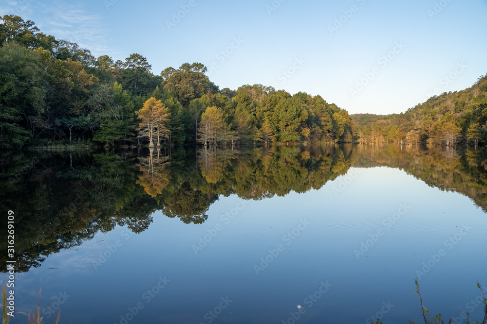 Trees line the waterways of Broken Bow, Oklahoma. Trees line the waterways of Broken Bow, Oklahoma.
