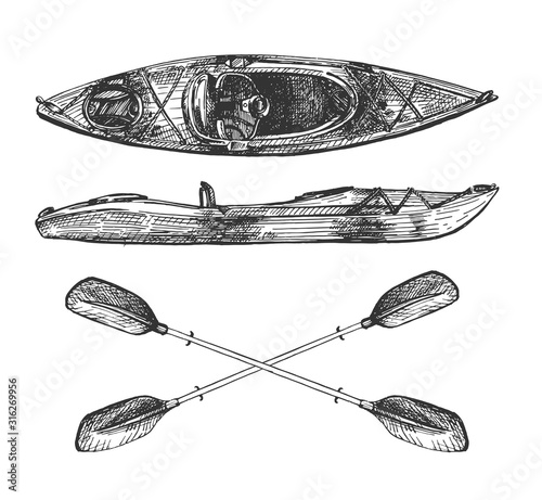 Kayak with crossed paddles or oars
