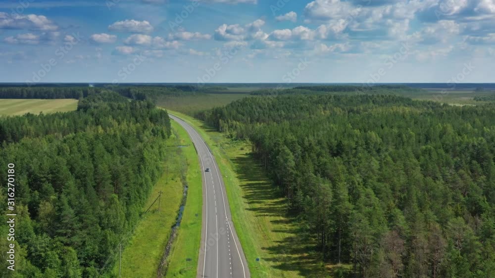 Aerial top view landscape with a country road in the forest at summer, 4k Aerial top view landscape with a country road in the forest at summer, 4k