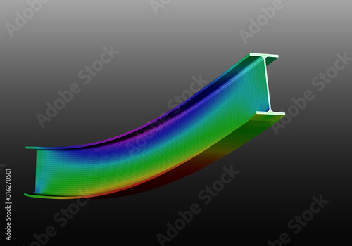 A simple supported I-beam bending under uniform distributed load. Isometric view 3D Illustration of mesh deformation and plot of normal stresses from finite element analysis on grey gradient backround