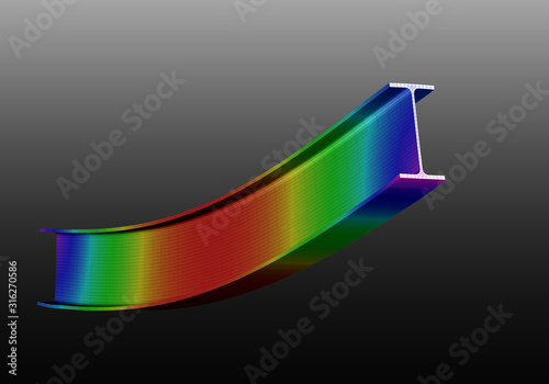 A simple supported I-beam bending under uniform distributed load. Isometric view 3D Illustration of mesh deformation and plot of deflections from finite element analysis on grey gradient backround