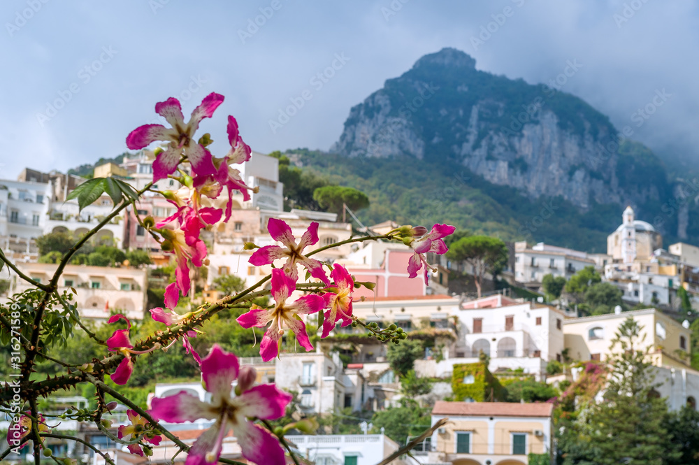 Fototapeta premium Blurred view of Positano village at the background of flowers. Amalfi coast, Italy.