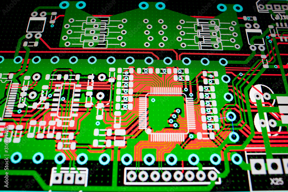Fototapeta premium PCB electric circuit on the PC screen