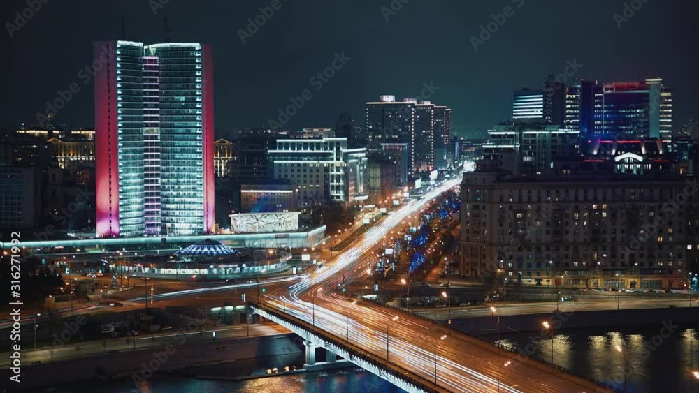 Gimbal timelapse shot of new arbat in Moscow center illuminated in night autumn day. Top view shot of timelapse of Moscow center Arbat with car trafiic Gimbal timelapse shot of new arbat in Moscow center illuminated in night autumn day. Top view shot of timelapse of Moscow center Arbat with car trafiic