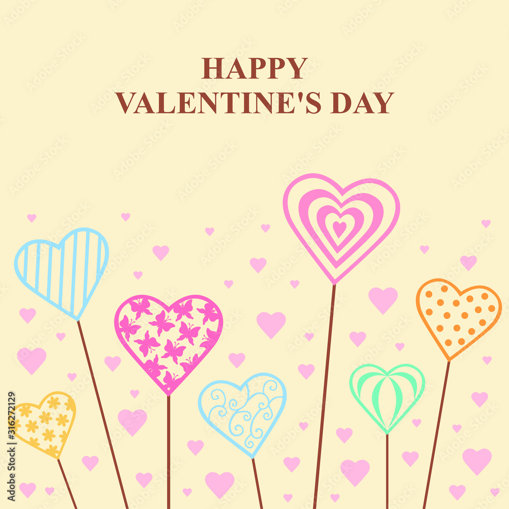 Vector illustration of Valentines decorative color hearts on sticks card