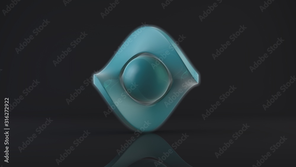 3D rendering of a blue Mobius ribbon, a symbol of infinity and perfection on a dark background and a blue ball, a sphere in the center of the ring. Abstract figure, futuristic design model. Prototype. 3D rendering of a blue Mobius ribbon, a symbol of infinity and perfection on a dark background and a blue ball, a sphere in the center of the ring. Abstract figure, futuristic design model. Prototype.