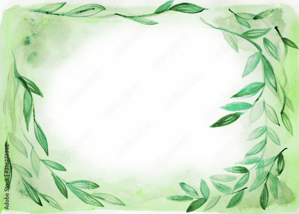 Green leaves with aquerl on a white background as a frame. Figure paints in purple colors. Big stain on paper. Texture for design Green leaves with aquerl on a white background as a frame. Figure paints in purple colors. Big stain on paper. Texture for design