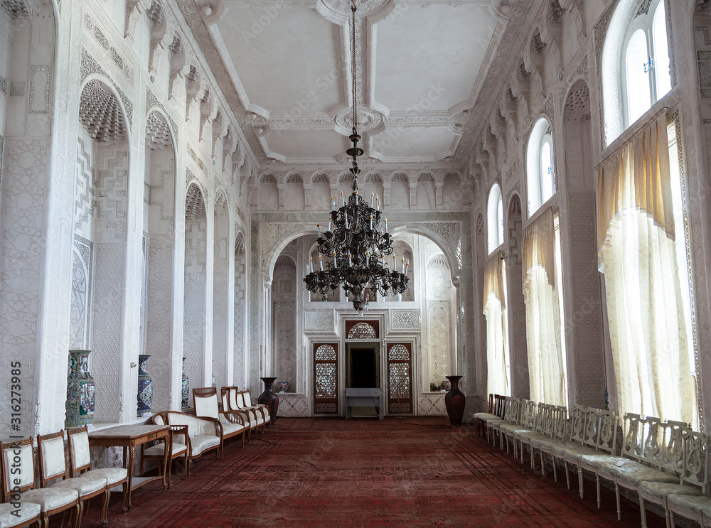 Summer Palace of the Emir of Bukhara, interior of the white hall. Bukhara, Uzbekistan