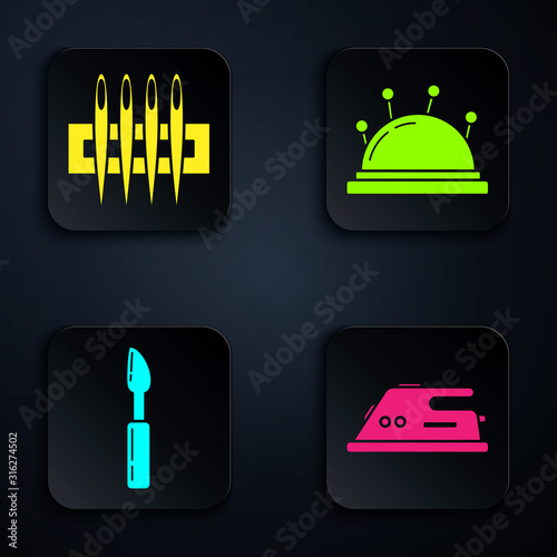 Set Electric iron, Needle for sewing, Cutter tool and Needle bed and needles. Black square button. Vector