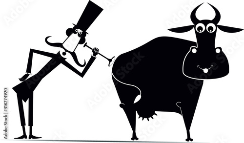 Veterinarian and cow illustration.  Funny long mustache man in the top hat is examining a smiling cow by endoscope black on white