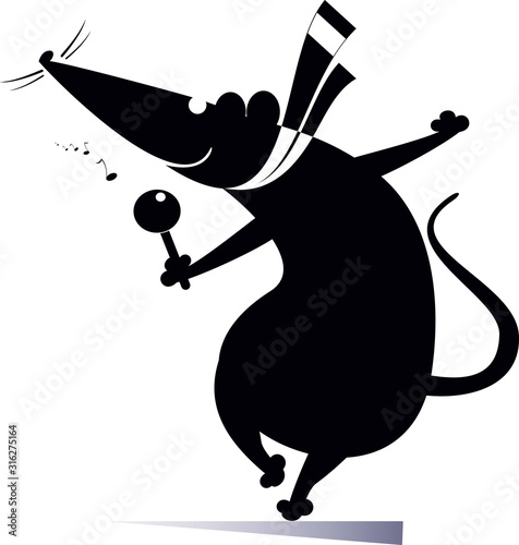 Singer rat or mouse isolated illustration. Funny rat or mouse holds a microphone and sing a song black on white