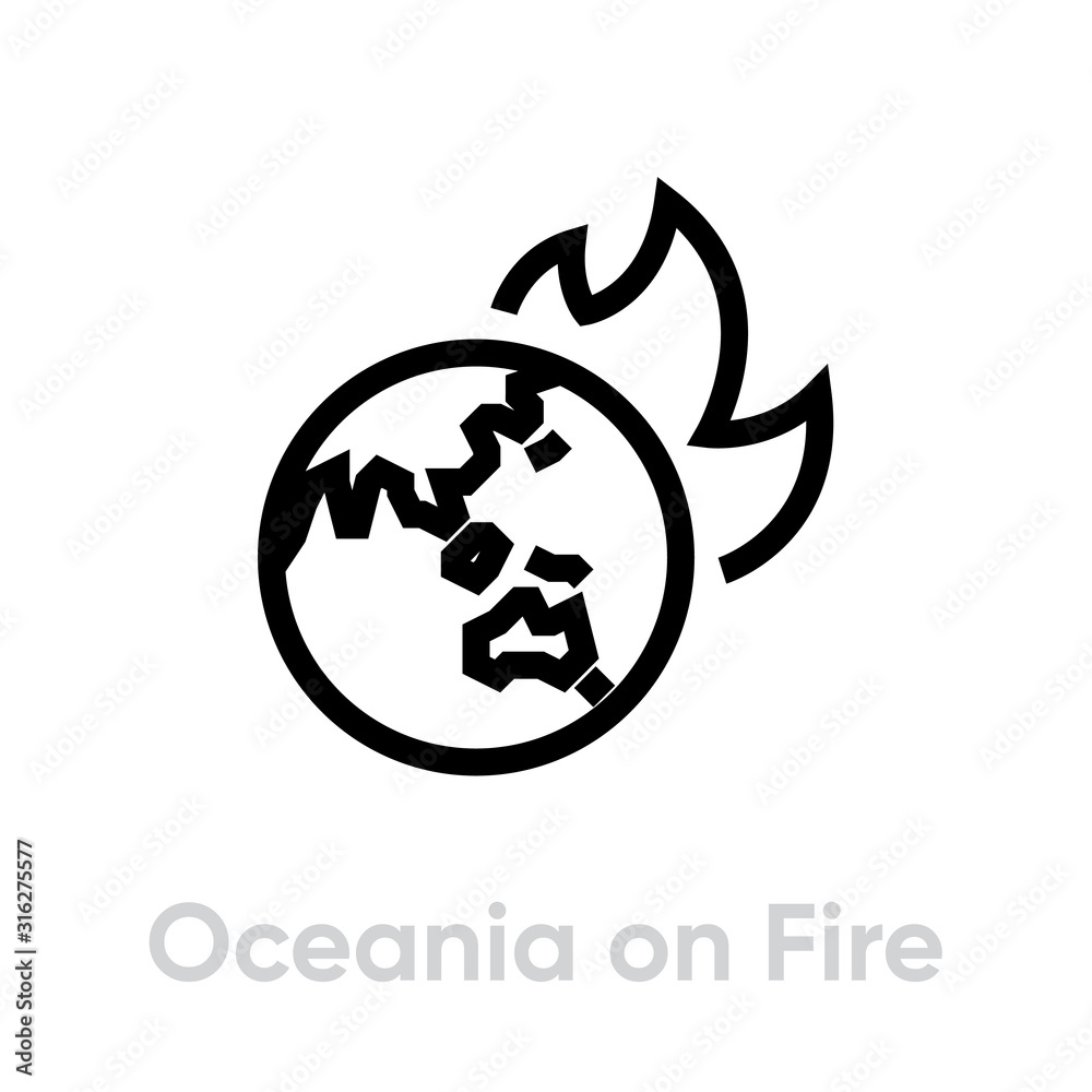 Oceania on Fire Globe vector icon. Editable line illustration Oceania on Fire Globe vector icon. Editable line illustration