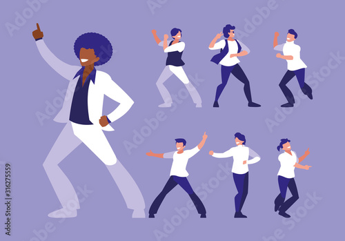 set of men in dance pose, party, dance club