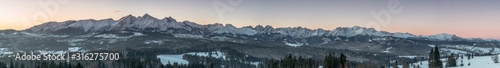 Tatra Mountain panorama in winter scenery from Lapszanka Pass.