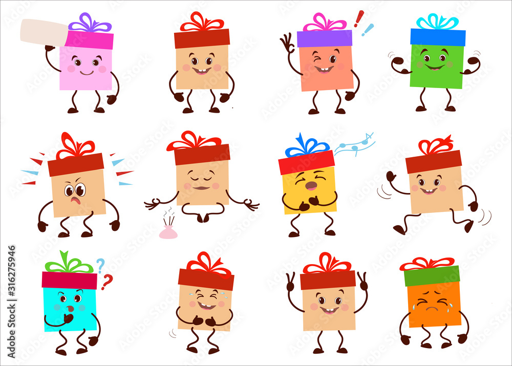 Cute characters of colorful gift boxes with ribbons and bows.