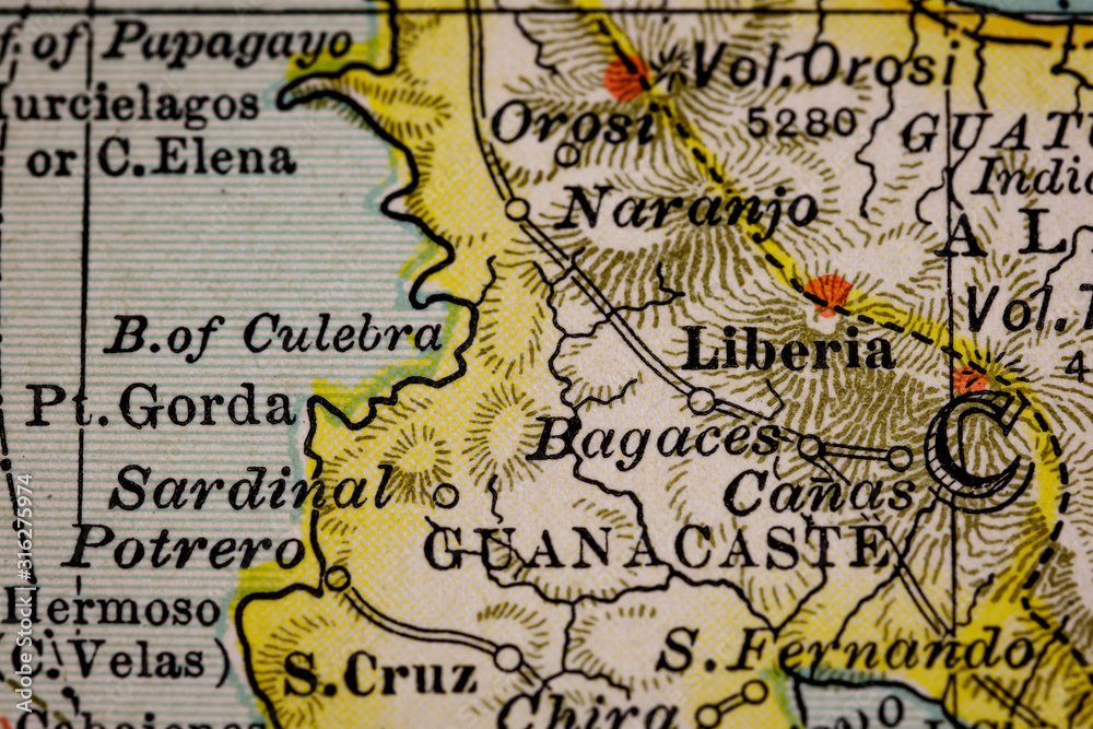 Vintage map of Liberia/Guanacaste Costa Rica. Map is from "The Century Atlas - Central America" expired copyright originally dated 1897 and 1902 by the Century Company. Original map is public domain.. - obrazy, fototapety, plakaty 