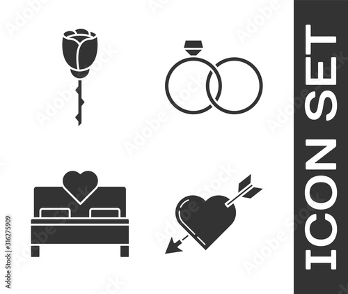 Set Amour symbol with heart and arrow, Flower rose, Bedroom and Wedding rings icon. Vector